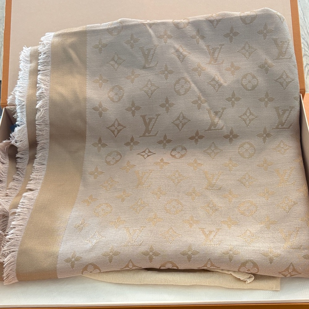 Louis Vuitton Beige Monogram Fringed Shawl